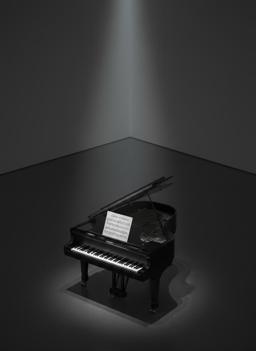 A solitary, matte-black grand piano viewed from above at a three-quarter angle, its lid partially open to reveal strings and hammers catching faint highlights. On the music stand rests a single sheet of hand-notated score, edges slightly curled, with a poem title inscribed at the top in delicate script. The piano stands in a spacious, dimly lit room with muted charcoal walls and a nearly invisible boundary between wall and polished floor, creating an abstract, gallery-like void. A narrow beam of cool, diffused overhead light falls diagonally across the keys and score, leaving the rest in soft shadow. Photographic realism with minimalist composition, generous negative space, and a muted monochrome palette, expressing introspective music-writing as a meditative, timeless act.