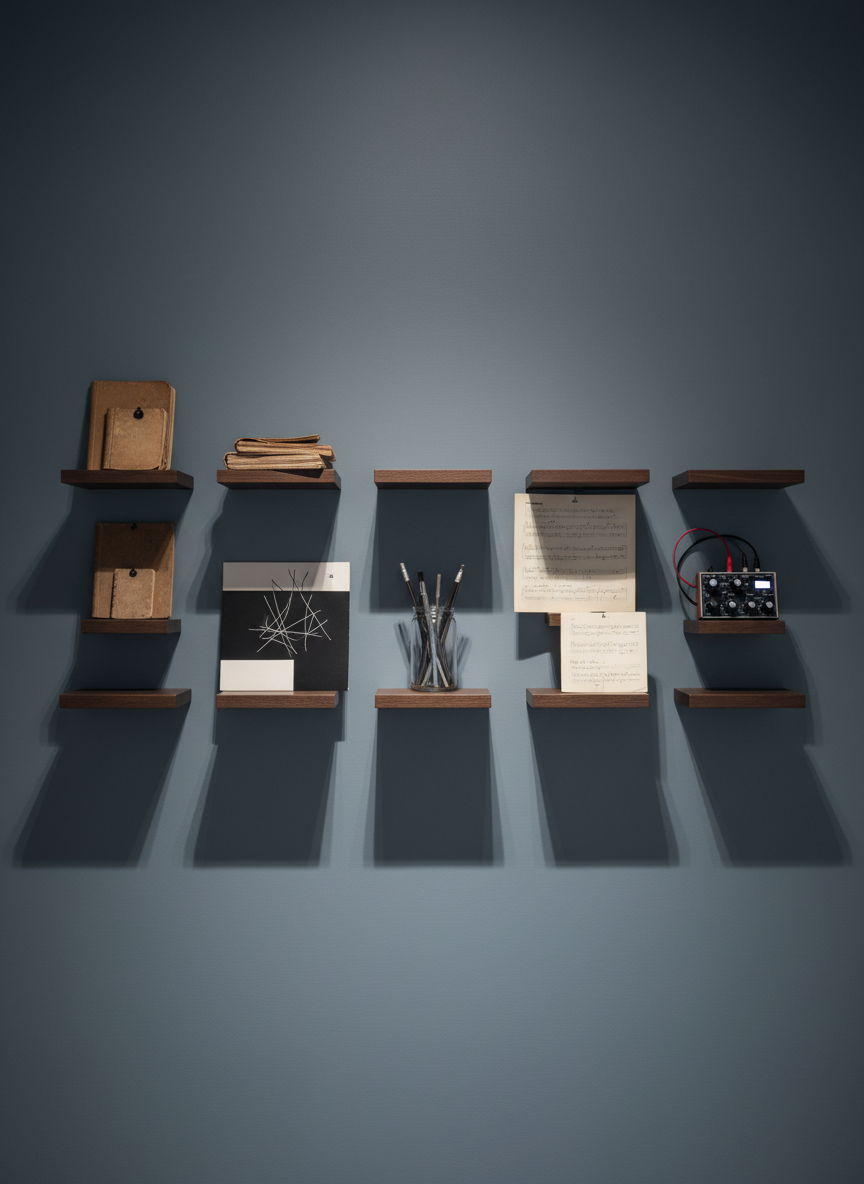 A sophisticated, wall-mounted grid of slim, floating shelves in dark oak, each holding a different artifact from a creative journey: a small stack of dog-eared sketchbooks, a single vinyl record with minimalist cover art, a narrow glass jar of graphite sticks, a folded lyric sheet, and a compact analog synthesizer module. The background wall is a soft, muted slate color with a subtle gradient from top to bottom, adding depth without distraction. Indirect, diffused lighting from a concealed overhead source creates gentle, even illumination with refined shadows beneath each shelf. Photographic realism, captured straight-on with sharp focus throughout and balanced composition, evoking a curated archive of memory and experimentation. The mood is serene, intellectual, and reverential, emphasizing a lifetime of intersecting art forms preserved with minimalist elegance.