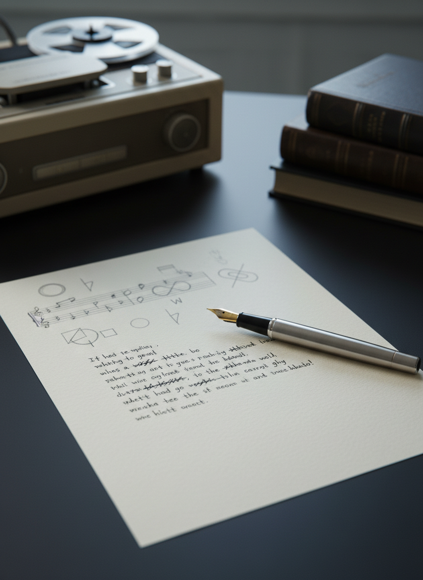 A close-up of a single sheet of creamy, slightly textured paper lying on a matte black desk, bearing a small constellation of handwritten poetry fragments and crossed-out lines in dark ink. Next to it, a finely crafted fountain pen with a brushed metal body rests diagonally, its nib glinting subtly. In the upper corner, the faint impression of a music staff is sketched beside geometric design doodles, hinting at intertwined arts. The environment is a minimal, quiet workspace with only the blurred hint of a vintage tape recorder and hardcover books in the background. Lit by soft, cool-toned desk lamp light from the top left, the scene features gentle shadows and a calm, introspective atmosphere. Photographic realism, shot from a slightly elevated angle with shallow depth of field, emphasizing process, revision, and reflective creativity.