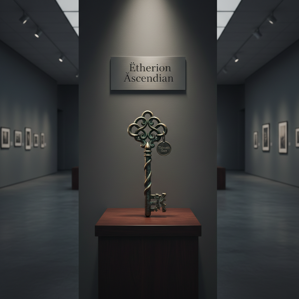 An elegant, dark wood gallery pedestal supporting a single, intricately carved metal key labeled with a tiny engraved tag reading “Thirteenth Gate.” The key’s surface shows subtle patina and fine filigree details, catching faint reflections. Behind it, a tall, muted grey exhibition wall displays a minimal plaque titled “Ætherion Æscendian” in understated serif type. The space is an austere modern gallery with polished concrete floors and distant, out-of-focus frames. Overhead track lighting creates a focused, soft spotlight on the key and pedestal, with gentle gradients of light fading into cool shadows. Photographic realism with a centered, slightly low-angle composition, refined textures, and a muted, sophisticated palette, evoking a sense of threshold, mystery, and intellectual exploration.