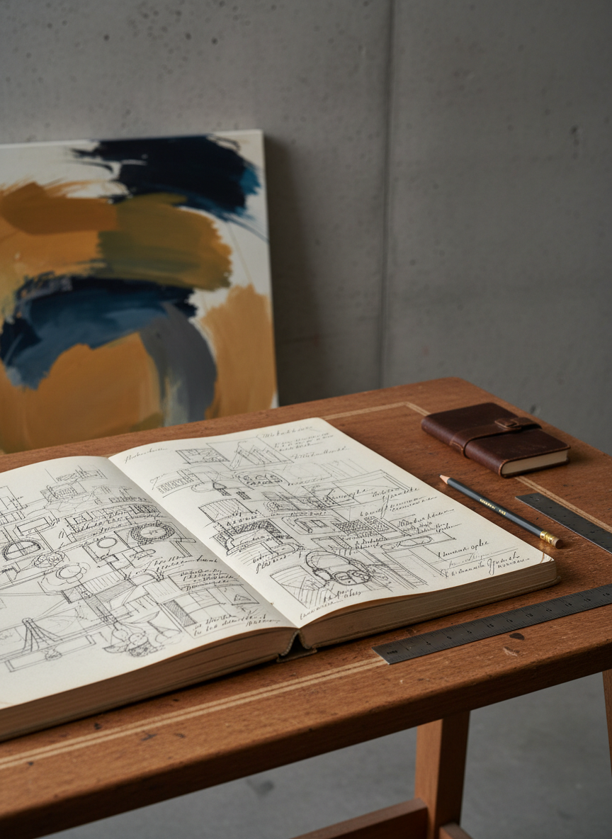 A meticulously arranged wooden drafting table holding an open, weathered sketchbook filled with delicate graphite drawings and faint ink annotations, each page showing years of creative evolution. Surrounding the sketchbook are a single sharpened pencil, a metal ruler, and a small, closed leather-bound notebook, all neatly aligned. The table rests in a quiet studio corner with a muted concrete wall behind it and a single abstract canvas leaning nearby. Soft, diffused afternoon light enters from an unseen window, casting subtle, elongated shadows and gentle highlights on paper textures. Photographic realism, shot at eye level with a shallow depth of field, foreground in crisp focus and background softly blurred. The mood is contemplative, sophisticated, and minimalist, emphasizing the lifelong journey of art and design.