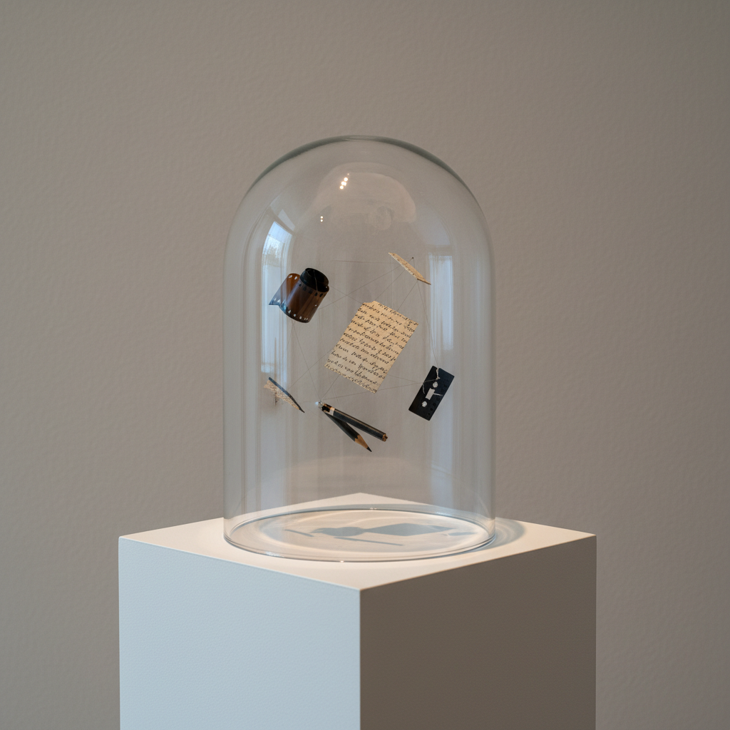 A glass cloche displayed on a narrow, matte white plinth, encasing a fragile assemblage: a rolled strip of 35mm film, a folded page of handwritten philosophy notes, a snapped graphite pencil, and a tiny fragment of a cassette tape, all suspended on nearly invisible threads like a miniature constellation. The background is a softly lit, pale taupe gallery wall with subtle texture and no other distractions. Gentle, cool-toned spotlighting from above produces delicate reflections on the glass dome and fine, understated shadows on the plinth. Photographic realism, captured at eye level with a slight side angle to reveal layers within the cloche. The palette is muted and refined, evoking a sense of delicate remembrance, preservation, and the transformation of past creative struggles into curated memory.