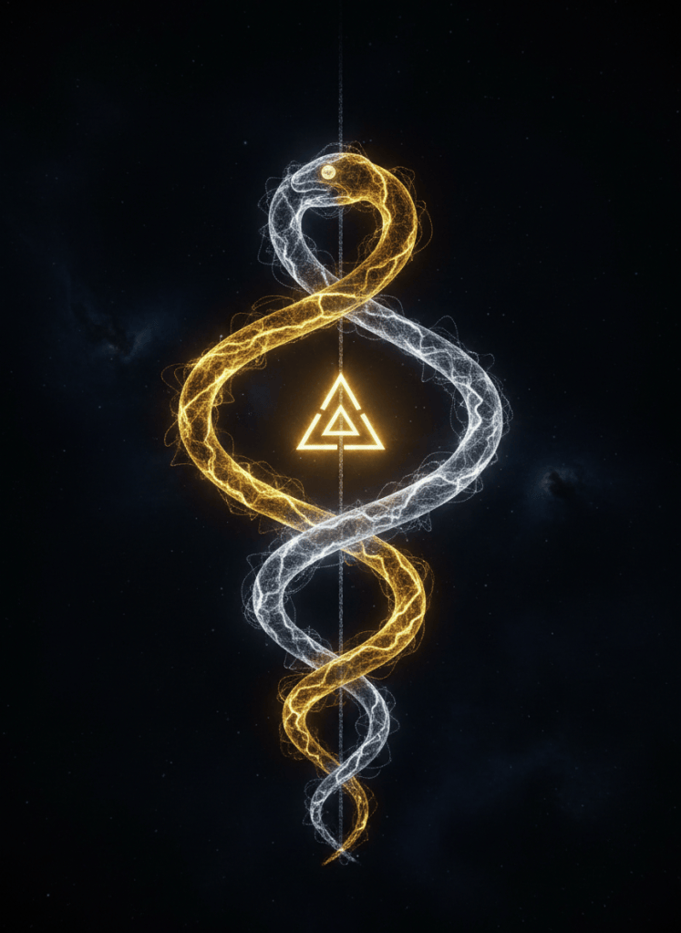 Chains of luminous energy forming two intertwined serpents in the ancient caduceus form, balanced by a central axis or tether point. The scene is set in primordial darkness before light existed — deep void with faint cosmic energy. The two serpentine chains of energy coil around each other, representing duality: expansion and contraction, binding and unbinding, acceleration and deceleration. At the center where they meet, a glowing singularity node — the origin point, the Valknut knot — radiates subtle golden light. The serpents themselves are made of flowing bio-luminescent energy chains, intertwined like DNA strands, symbolizing life, health, and memory. The overall palette is deep cosmic black, indigo, and dark void, with the energy chains rendered in electric gold and silver-white light. Mystical, ancient, cosmological aesthetic.
