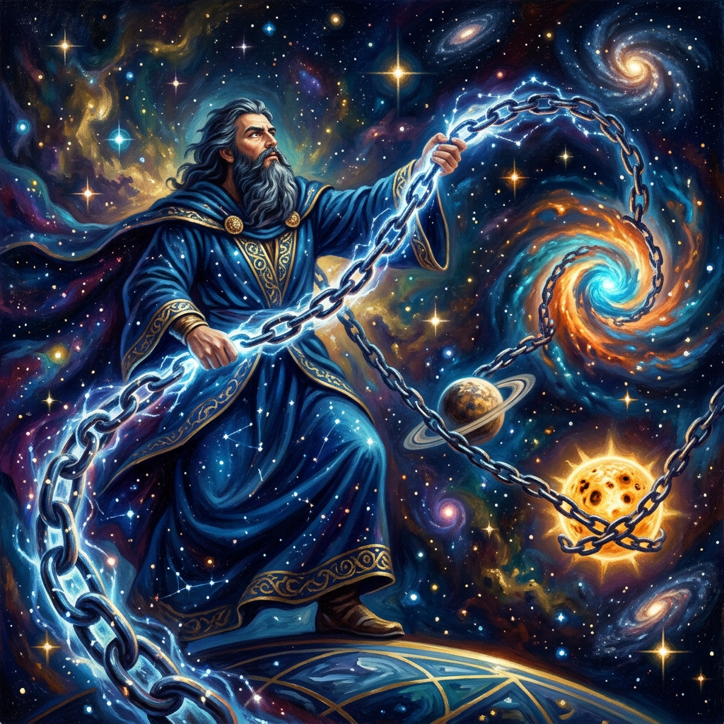 Bearded robed guardian holding a glowing chain amid stars and galaxies