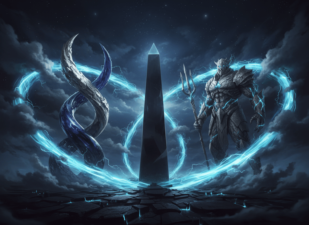 A sophisticated conceptual image inspiring synergy between volatile structures: three monumental symbolic forms arranged in dynamic equilibrium — a monolithic icon, a duality icon, and a Triton Titan. The monolithic icon is a single towering geometric stone or obsidian form; the duality icon is two interlocking contrasting structures; the Triton Titan is a colossal mythic marine-humanoid guardian with subtle trident motifs and oceanic energy. Show them converging without conflict, connected by luminous currents and volatile atmospheric forces, suggesting harmonic synergy, transformation, and cosmic intelligence. Dark refined palette, sculptural detail, dramatic cinematic lighting, deep indigo, obsidian, silver, and electric cyan accents. No text, no lettering, no logos.